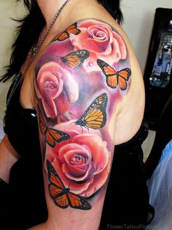 Roses With Flying Butterflies Tattoo