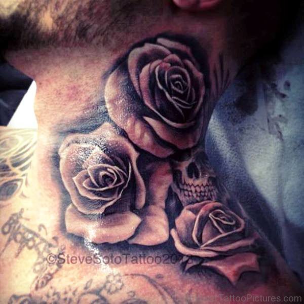 Skull ANd Roses Tattoo On Neck