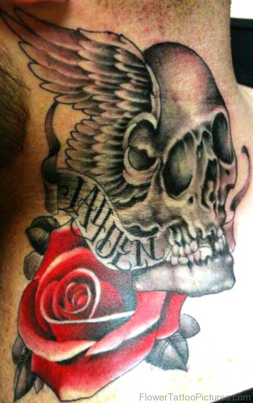 Skull And Rose Neck Tattoo