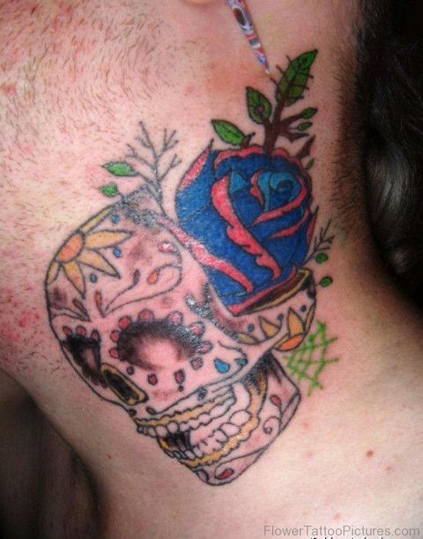 Skull And Rose Tattoo On Neck