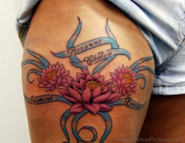 Small Lotus And Names Tattoo For Thigh