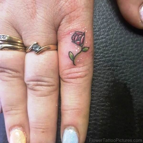 Small Red Rose Tattoo On Finger