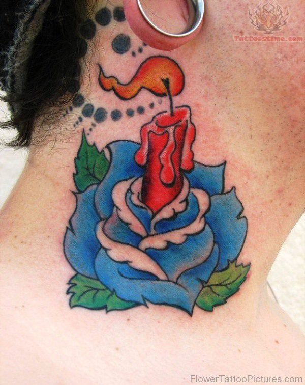 Stunning Blue Rose And Candle Tattoo