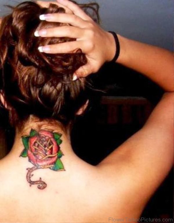 Stunning Rose Tattoo On Neck Back