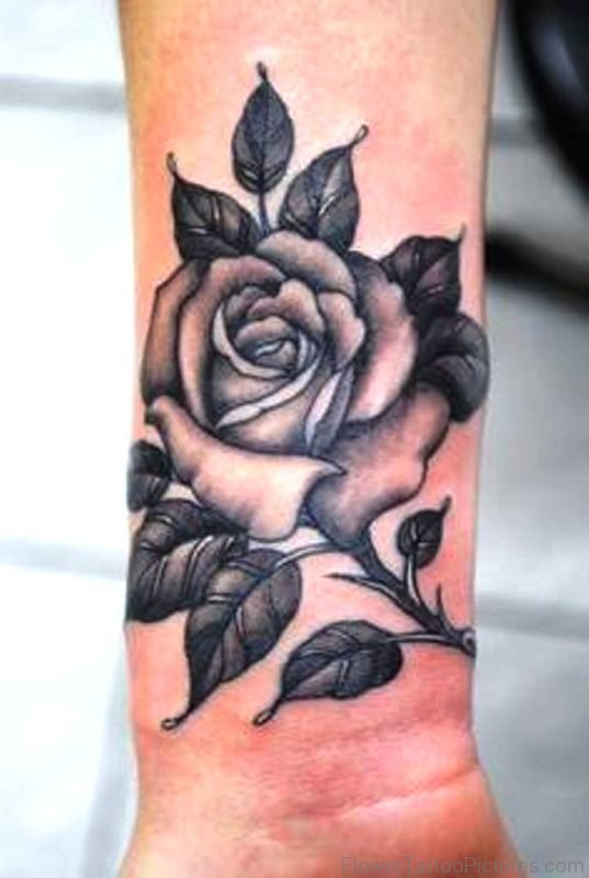 Stylish Black Rose Tattoo On Wrist
