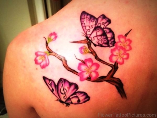 Sweet Cherry Blossom Flower And Butterfly Tattoo