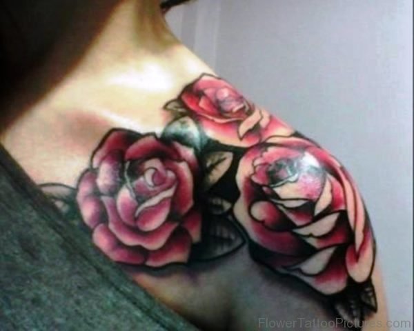 Three Red Rose Flower Tattoo On Shoulder