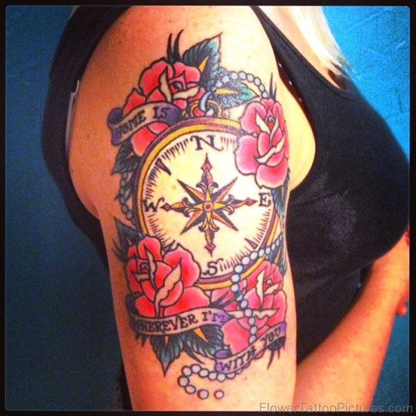 Trendy Clock And Rose Tattoo