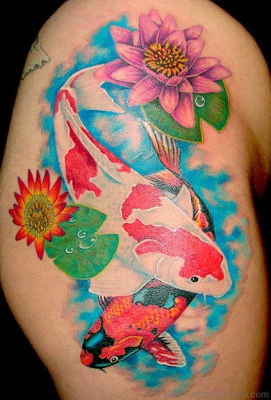 Unique Fish And Lotus Tattoo