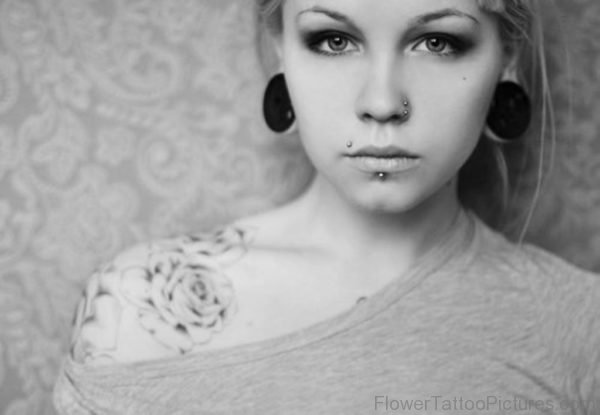 Vintage Flower Tattoo On Girl Shoulder