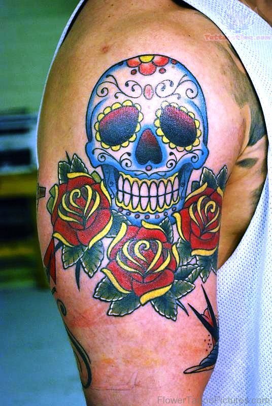 Wonderful Skull And Rose Tattoo
