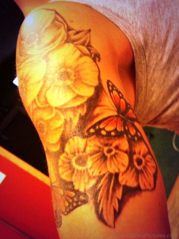 Yellow Flower And Butterfly Tattoo
