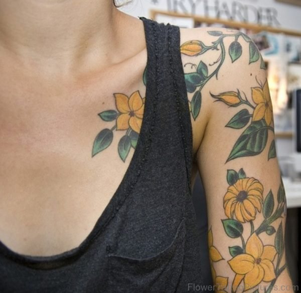 Yellow Vintage Flower Shoulder Tattoo