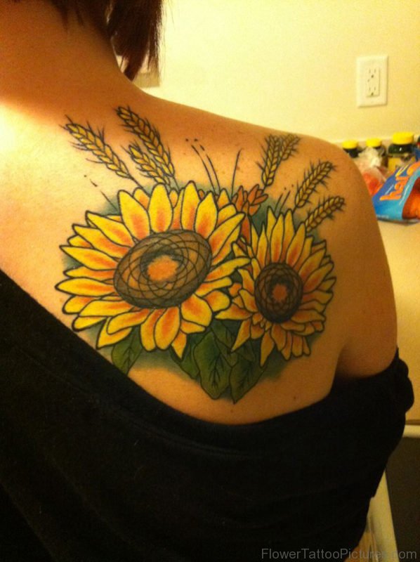 2 Sunflowers Tattoo On Back Shoulder
