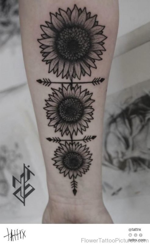 3 Grey Inked Sunflower On Arm