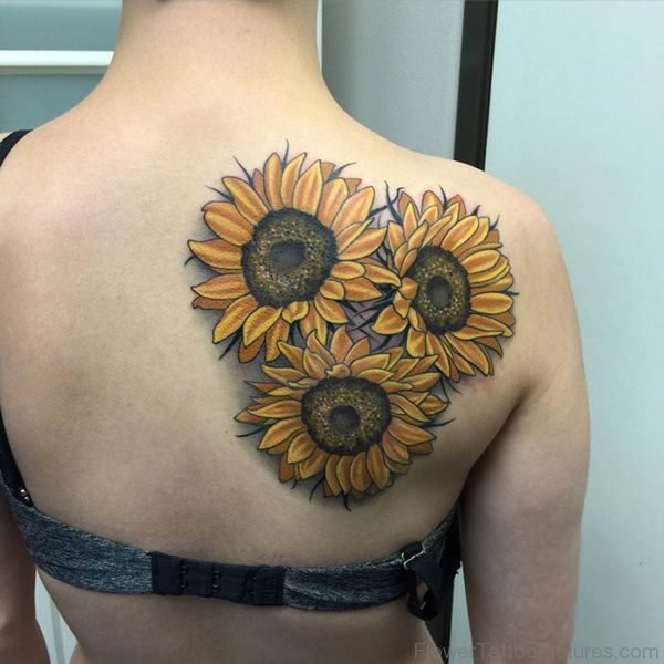 3D Sunflowers Tattoo On Back Shoulder