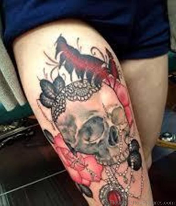 Amazing Skull With Pink Rose And Feather Tattoo On Thigh
