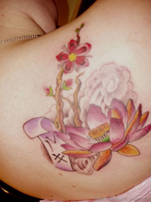 Asian Banner Blossom Branch And Lotus Tattoo