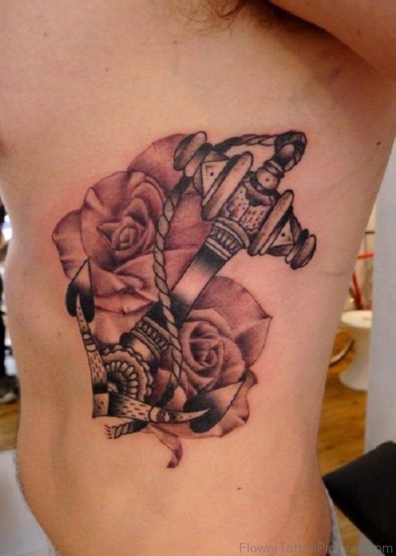 Balck Anchor And Rose Tattoo