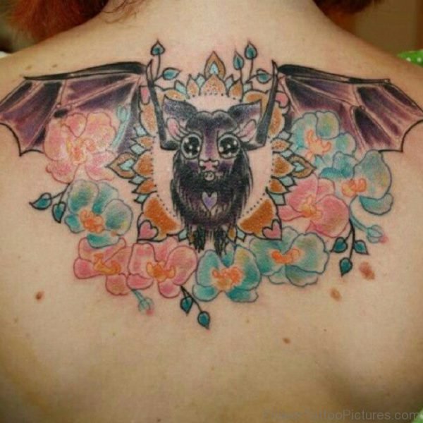 Bat And Flowers Tattoos On Upper Back