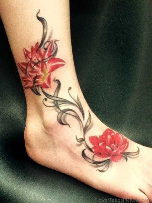 Beautiful Red Amaryllis Tattoo On Foot