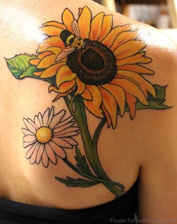 Bee With Sunflower Tattoo On Shoulder