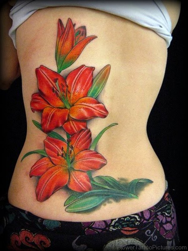 Big Red Amaryllis Flowers Tattoo On Back