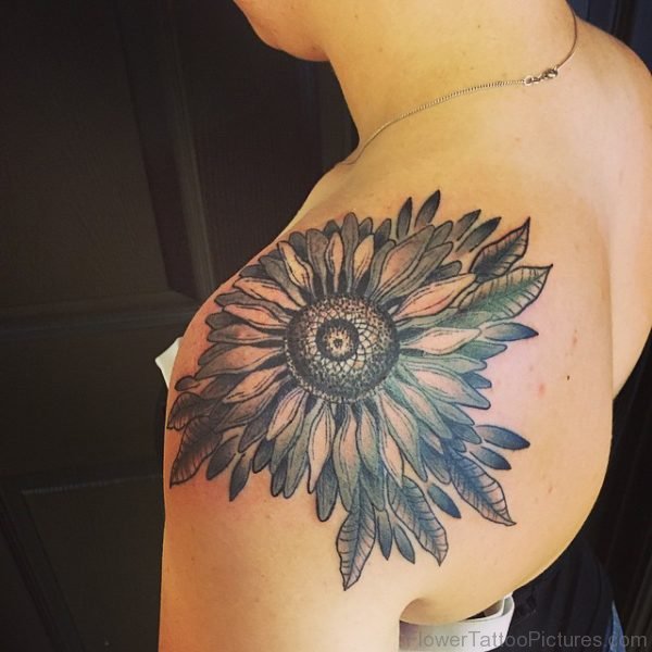 Big Sunflower Tattoo On Shoulder