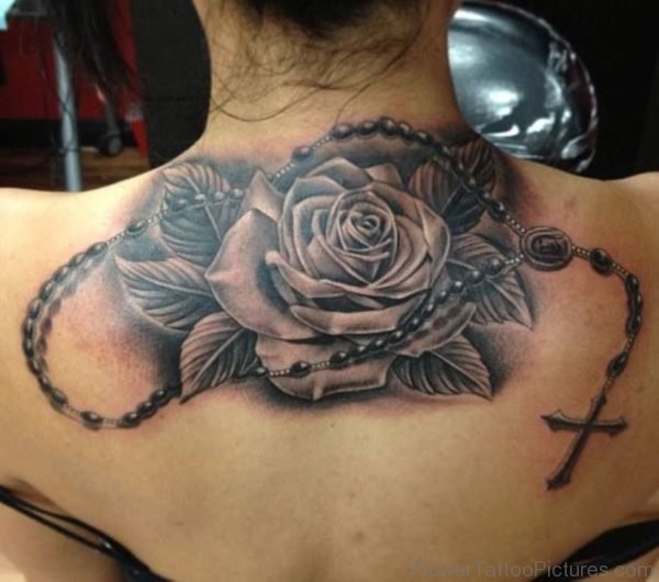Black And Grey 3D Rosary Cross With Rose Tattoo On Girl Upper Back