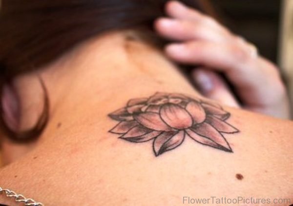 Black And Grey Lotus Tattoo On Girl Nape