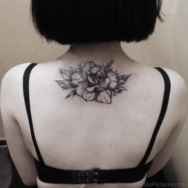 Black And Grey Rose Tattoo On Girl Upper Back