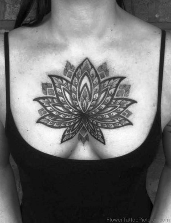 Black And White Lotus Tattoo On Chest