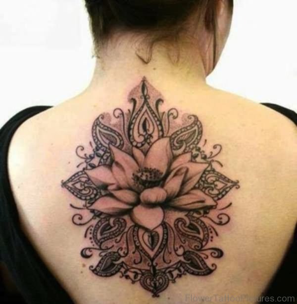 Black Ink Hippie Flower Tattoo On Upper Back