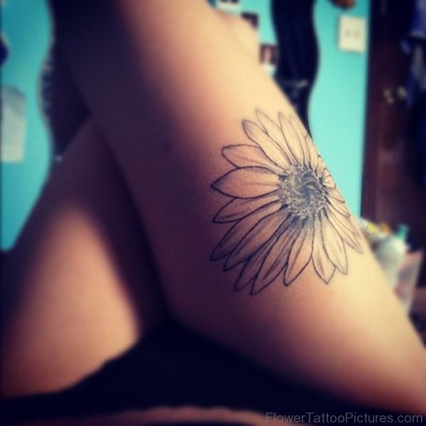 Black Outline Sunflower Tattoo On Thigh