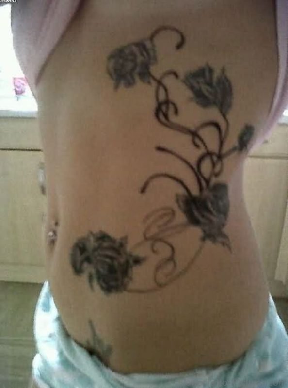 Black Rose Vine Tattoo On Rib Side