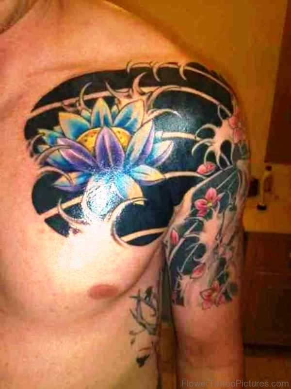 Blue Ink Lotus Chest Tattoo