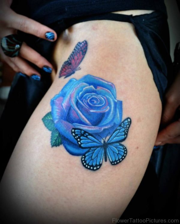 Blue Rose And Butterfly Thigh Tattoo