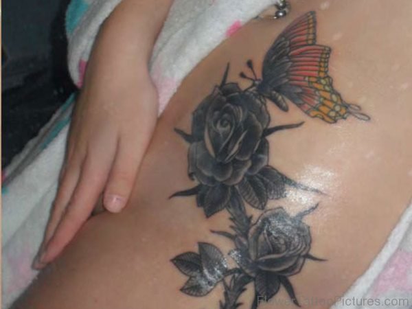 Butterfly And Rose Tattoo On Thigh