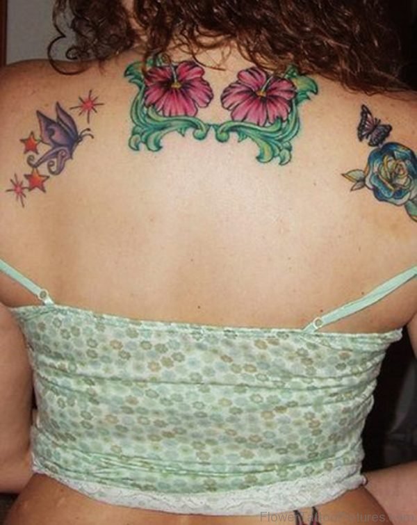 Butterfly Flower Tattoo On Upper Back