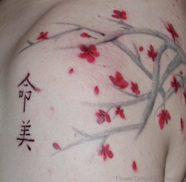 Cherry Blossom Flower Tattoo On Left Shoulder