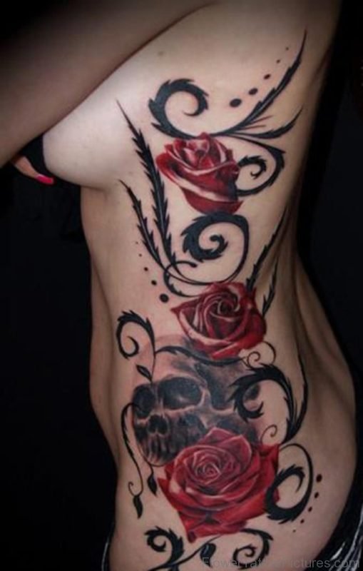 Classic Rose Tattoo On Girl Rib