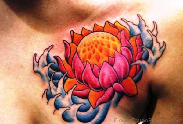 Color Lotus Flower In Water Color Ink Tattoo On Chest