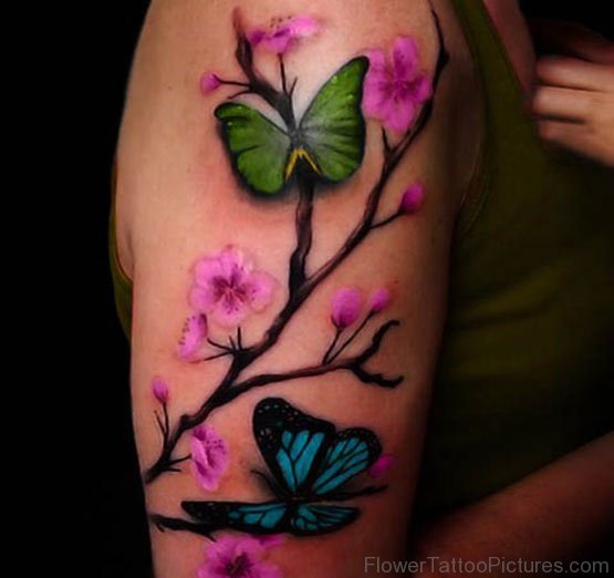 Colored Cherry Blossom Flower Tattoo On Shoulder