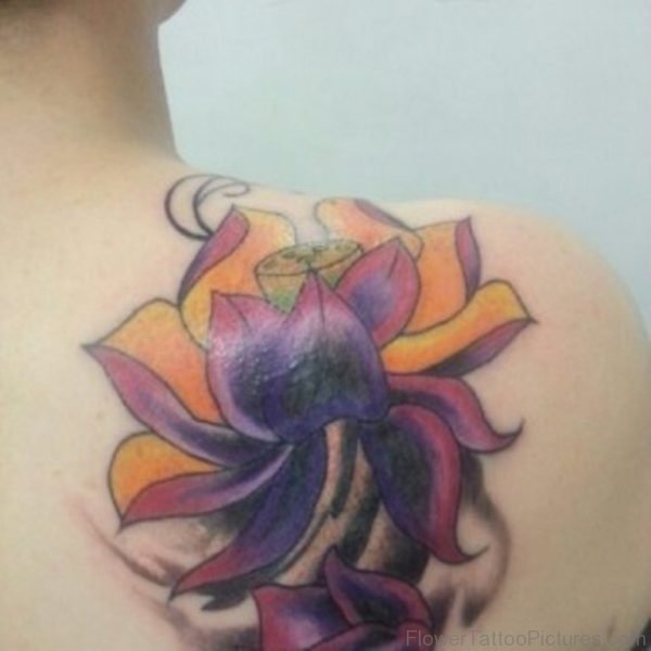Colored Flower Tattoo On Back Shoulder