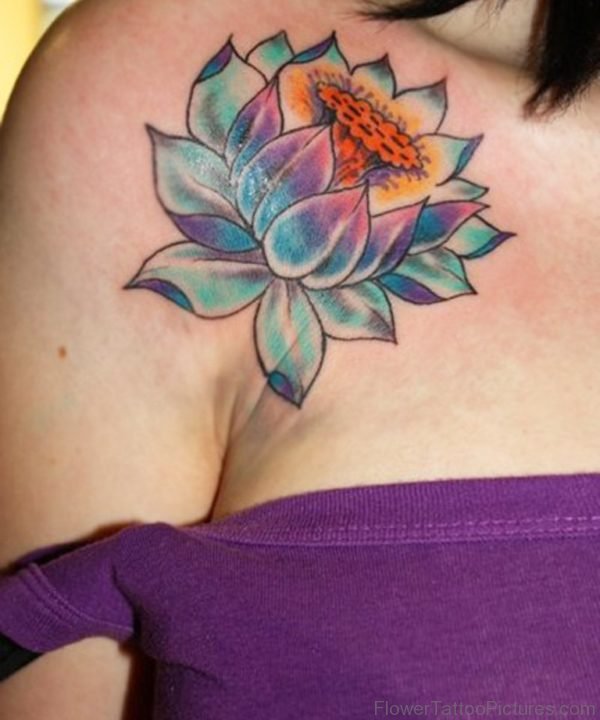 Colored Flower Tattoo On Front Shoulder