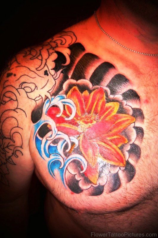 Colored Lotus Chest Tattoo