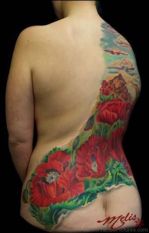 Colored Poppy Tattoo On Full Back