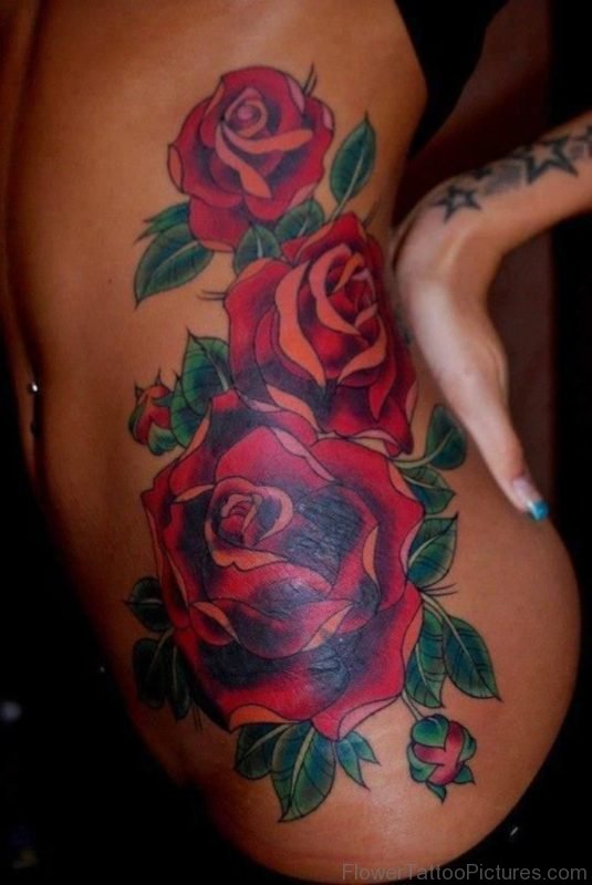 Colored Rose Tattoo On Rib