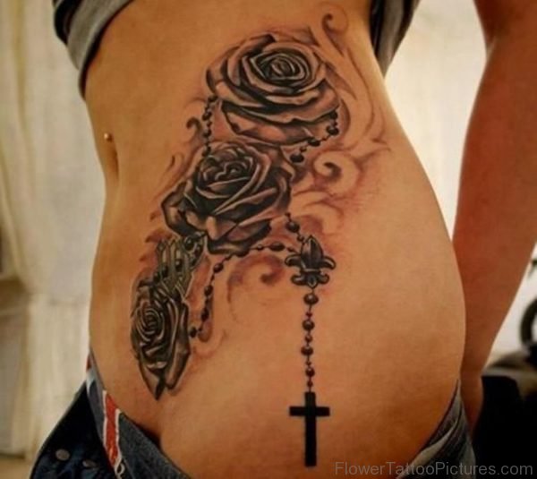 Cross And Rose Tattoo On Rib