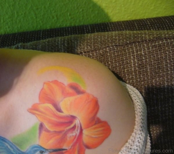 Cute Orange Amaryllis Tattoo On Shoulder